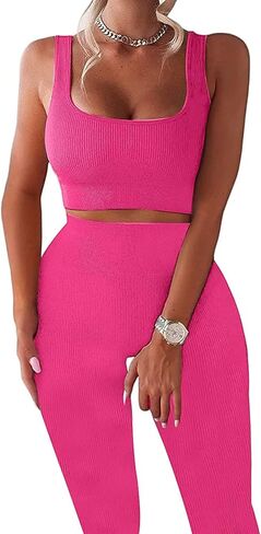 YESDOO Women's Workout Outfits Ribbed Tank 2 Piece Seamless High Waist Gym Outfit Yoga Shorts Leggings Sets in Saudi Arabia