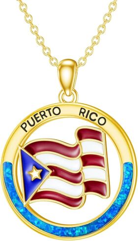 SIMONLY Puerto Rico Necklace with Blue Opal 925 Sterling Silver Puerto Rico Flag Pendant Chain Jewelry Gifts for Men Women Puerto Ricans in Kuwait