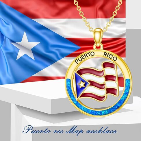 SIMONLY Puerto Rico Necklace with Blue Opal 925 Sterling Silver Puerto Rico Flag Pendant Chain Jewelry Gifts for Men Women Puerto Ricans in Kuwait