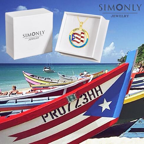 SIMONLY Puerto Rico Necklace with Blue Opal 925 Sterling Silver Puerto Rico Flag Pendant Chain Jewelry Gifts for Men Women Puerto Ricans in Kuwait