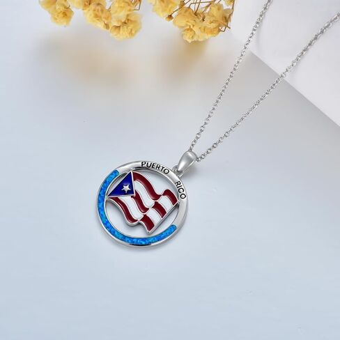 SIMONLY Puerto Rico Necklace with Blue Opal 925 Sterling Silver Puerto Rico Flag Pendant Chain Jewelry Gifts for Men Women Puerto Ricans in Kuwait
