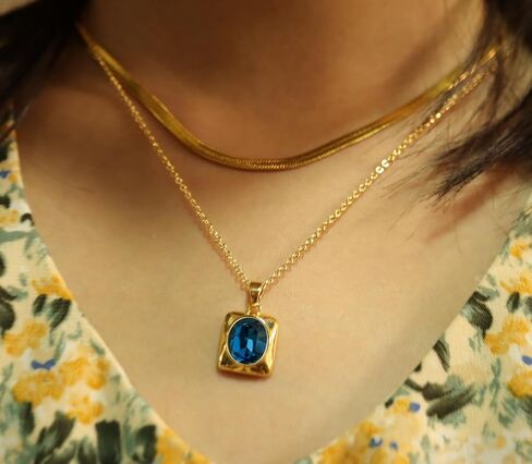 YONVUN Trendy Separate Layered Choker Pendant Necklace | 18k Gold Plated Snake Herringbone Flat Stackable Chain Rectangle Gemstone Crystal Zircon Necklace | Preppy Dainty Jewelry Set Gift in Saudi Arabia