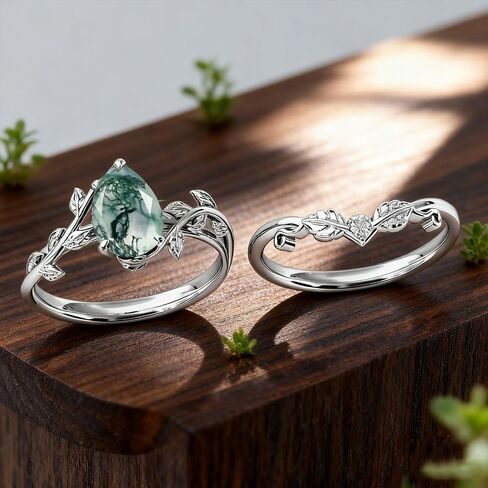 Natural Moss Agate Ring 925 Sterling Silver Moss Agate Ring Set Promise Ring Engagement Wedding Jewelry Gift for Women #6 in Kuwait