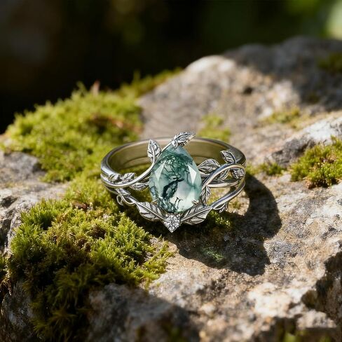 Natural Moss Agate Ring 925 Sterling Silver Moss Agate Ring Set Promise Ring Engagement Wedding Jewelry Gift for Women #6 in Kuwait