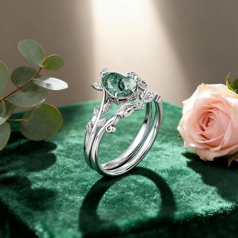 Natural Moss Agate Ring 925 Sterling Silver Moss Agate Ring Set Promise Ring Engagement Wedding Jewelry Gift for Women #6 in Kuwait