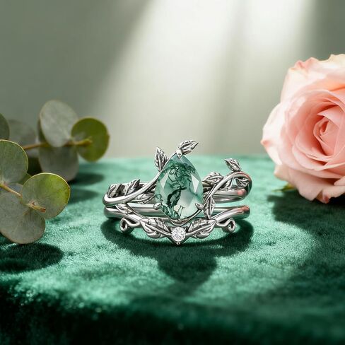 Natural Moss Agate Ring 925 Sterling Silver Moss Agate Ring Set Promise Ring Engagement Wedding Jewelry Gift for Women #6 in Kuwait