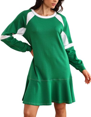 Ladyful Women's 2025 Fall Long Sleeve Mini Dress Loose Patchwork A-Line Sweatshirt Dresses Ruffle Flowy Athletic Outfits in Saudi Arabia