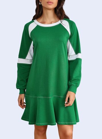 Ladyful Women's 2025 Fall Long Sleeve Mini Dress Loose Patchwork A-Line Sweatshirt Dresses Ruffle Flowy Athletic Outfits in Saudi Arabia