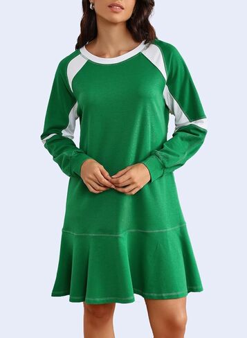 Ladyful Women's 2025 Fall Long Sleeve Mini Dress Loose Patchwork A-Line Sweatshirt Dresses Ruffle Flowy Athletic Outfits in Saudi Arabia