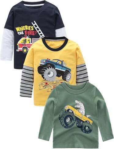 Boys Long Sleeve T-Shirts Casual Cotton Shirts Graphic Active Crewneck Tee Shirts for Toddler Kids Boys 3 Pack in Kuwait