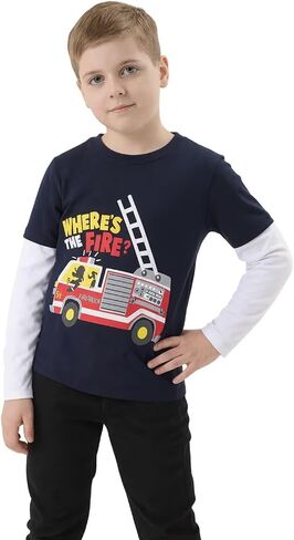 Boys Long Sleeve T-Shirts Casual Cotton Shirts Graphic Active Crewneck Tee Shirts for Toddler Kids Boys 3 Pack in Kuwait