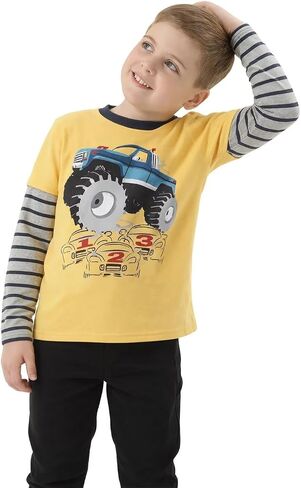 Boys Long Sleeve T-Shirts Casual Cotton Shirts Graphic Active Crewneck Tee Shirts for Toddler Kids Boys 3 Pack in Kuwait