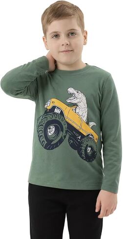 Boys Long Sleeve T-Shirts Casual Cotton Shirts Graphic Active Crewneck Tee Shirts for Toddler Kids Boys 3 Pack in Kuwait
