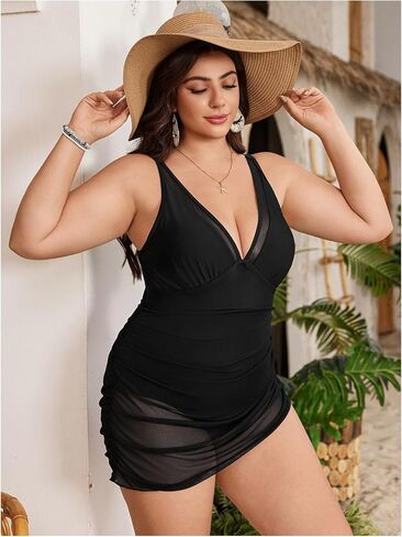 Verdusa Women's Plus Size Ruched Drawstring One Piece Swimsuit Deep V Neck Bathing Suit in Saudi Arabia