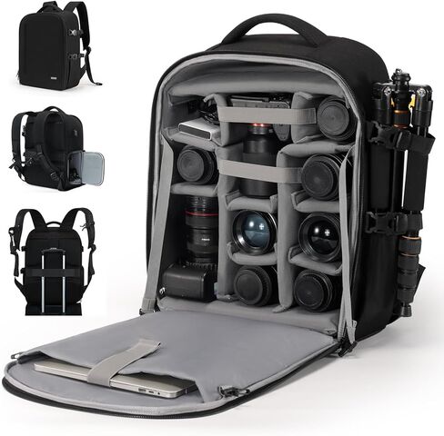 حقيبة ظهر كاميرا Cwatcun احترافية لكاميرا SLR DSLR بدون مرآة حافظة كاميرا مضادة للماء متوافقة مع ملحقات كاميرا Sony Canon Nikon وحامل ثلاثي القوائم (Ⅱ صغير أسود) in Kuwait