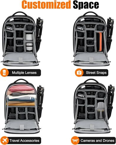 حقيبة ظهر كاميرا Cwatcun احترافية لكاميرا SLR DSLR بدون مرآة حافظة كاميرا مضادة للماء متوافقة مع ملحقات كاميرا Sony Canon Nikon وحامل ثلاثي القوائم (Ⅱ صغير أسود) in Kuwait