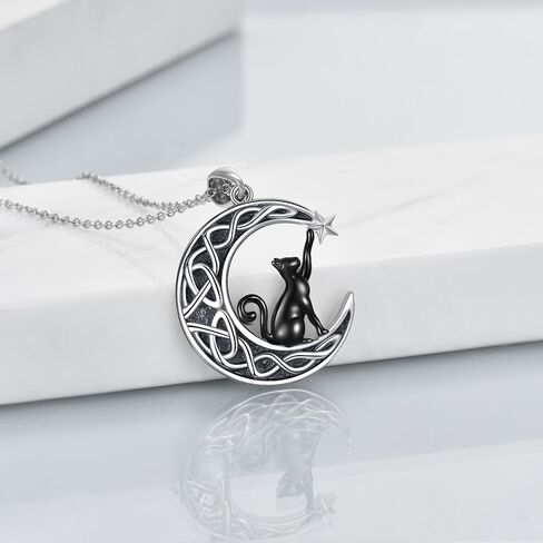 SHEAISRS Celtic Moon Black Cat Necklace for Women Abalone Tree of life Necklace Sterling Silver 2 Cat Jewelry for Women Gifts for Cat Lovers in Saudi Arabia