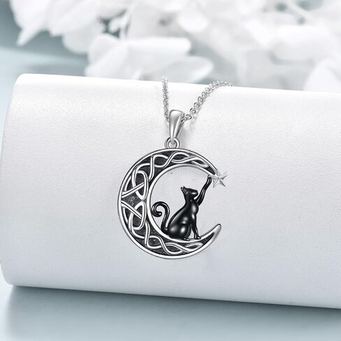 SHEAISRS Celtic Moon Black Cat Necklace for Women Abalone Tree of life Necklace Sterling Silver 2 Cat Jewelry for Women Gifts for Cat Lovers in Saudi Arabia