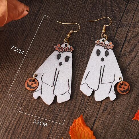 Halloween Cute Ghost Pumpkin Man Wooden Dangle Earrings Funny Cartoon Ghost Halloween Wood Earrings for Women Girls Festive Party Cosplay Costume Jewelry Halloween Gifts in Saudi Arabia