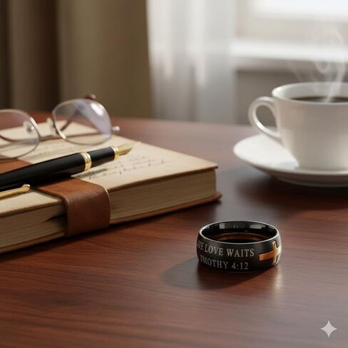 EZSONA Men's 8mm Stainless Steel Bible Verse Christian Purity Puzzle Ring 1 Timothy 4:12 in Kuwait