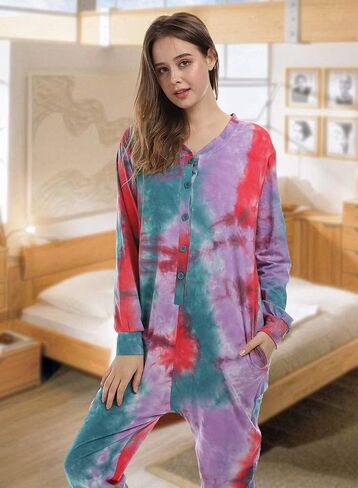 Lifeye Womens Onesie Pajamas Romper Sleepwear Set Tie Dye Long Sleeve Jumpsuit Homewear with Drop Seat Butt Flap in Saudi Arabia