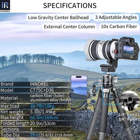 Carbon Fiber Tripod-INNOREL CT75C Professional Compact Portable Travel Tripod Heavy Duty Camera Stand for Digital DSLR Video Camcorder Load 44.1lb/20kg Tube 1.1in/29.0mm with Adjustable Center Column in Saudi Arabia