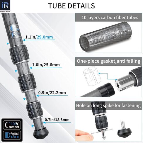 Carbon Fiber Tripod-INNOREL CT75C Professional Compact Portable Travel Tripod Heavy Duty Camera Stand for Digital DSLR Video Camcorder Load 44.1lb/20kg Tube 1.1in/29.0mm with Adjustable Center Column in Saudi Arabia