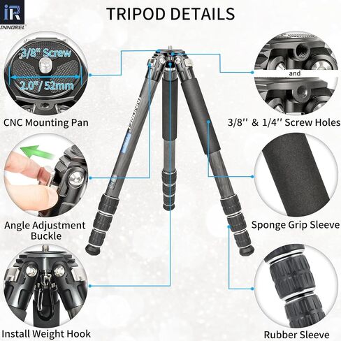 Carbon Fiber Tripod-INNOREL CT75C Professional Compact Portable Travel Tripod Heavy Duty Camera Stand for Digital DSLR Video Camcorder Load 44.1lb/20kg Tube 1.1in/29.0mm with Adjustable Center Column in Saudi Arabia