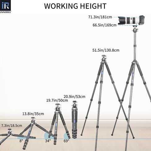 Carbon Fiber Tripod-INNOREL CT75C Professional Compact Portable Travel Tripod Heavy Duty Camera Stand for Digital DSLR Video Camcorder Load 44.1lb/20kg Tube 1.1in/29.0mm with Adjustable Center Column in Saudi Arabia