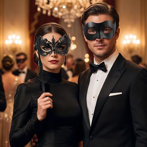FunMular Couple Masquerade Mask with Stick Metal Masks Halloween Venetian Costume Mardi Gras Mask for Women & Men in Saudi Arabia