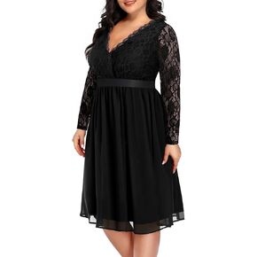 Women Plus Size Wedding Guest Dresses Cocktail Black Wrap Lace Fall Formal Long Sleeve Knee Length Evening Party Dress in Kuwait