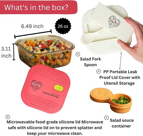 حاوية غداء زجاجية ، 26 أونصة ، آمنة من الميكروويف مع اثنين من الأغطية-غطاء تنفيس من السيليكون الأبيض وغطاء محكم PP الوردي ، صندوق الإعدادية لوجبة التسرب مع تخزين أواني للسلطة والوجبات الخفيفة in Kuwait