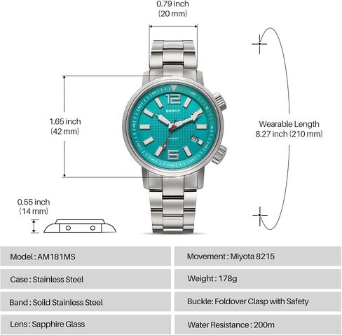 BERNY Automatic Mechanical Dive Watch for Men Self Winding Sport Stainless Steel Strap Wristwatches Waterproof 20ATM Sapphire Glass Scratch Resistant Super Luminous（No Battery Required in Saudi Arabia