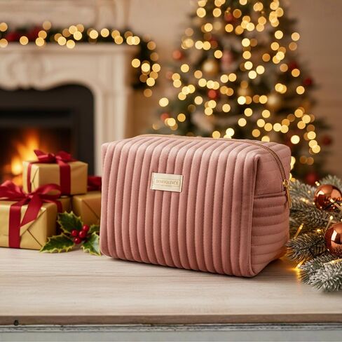 Benevolence LA Large Capacity Travel Cosmetic Bag | Travel Toiletry Bag for Women | Large Makeup Bag | Velvet Travel Bag for Toiletries | Pouch Bags for Cosmetics and Accessories | Caramel in Kuwait