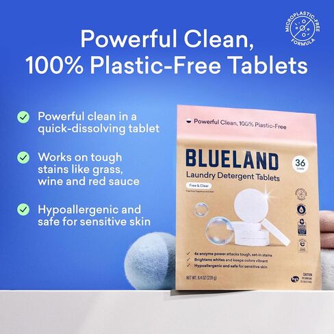 BLUELAND Laundry Detergent Tablets, 60 Count, Plastic-Free Eco-Friendly Pods, Sheets, Liquid Alternative - Fragrance Free and Clear, Natural, Gentle in Saudi Arabia