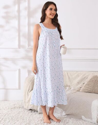 IZZY + TOBY 100% Cotton Nightgowns for Women Soft Ladies Gowns Sleepwear Long Sleeveless Nightgown in Kuwait