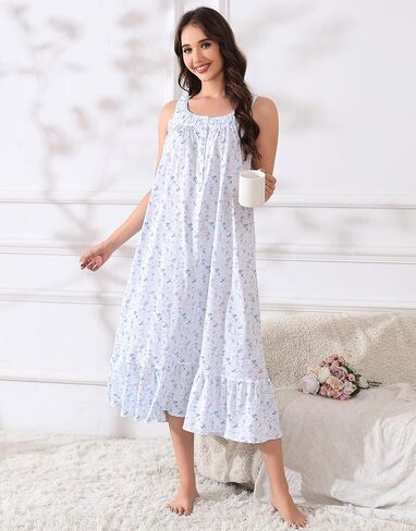 IZZY + TOBY 100% Cotton Nightgowns for Women Soft Ladies Gowns Sleepwear Long Sleeveless Nightgown in Kuwait