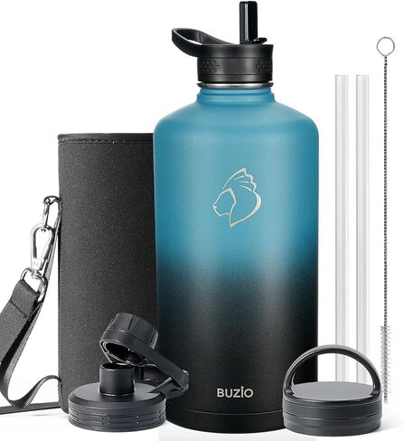 BUZIO 40 oz Water Bottle Insulated with Straw & 3 lid and Carrying Pouch, Leak Proof Anti-Slip Stainless Steel Water Flask Jug, Cold for 48 Hrs Double Vacuum Thermo Canteen, BPA-Free, Dark Blue in Saudi Arabia