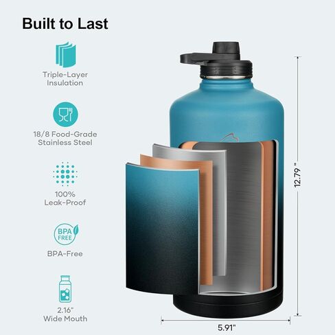 BUZIO 40 oz Water Bottle Insulated with Straw & 3 lid and Carrying Pouch, Leak Proof Anti-Slip Stainless Steel Water Flask Jug, Cold for 48 Hrs Double Vacuum Thermo Canteen, BPA-Free, Dark Blue in Saudi Arabia
