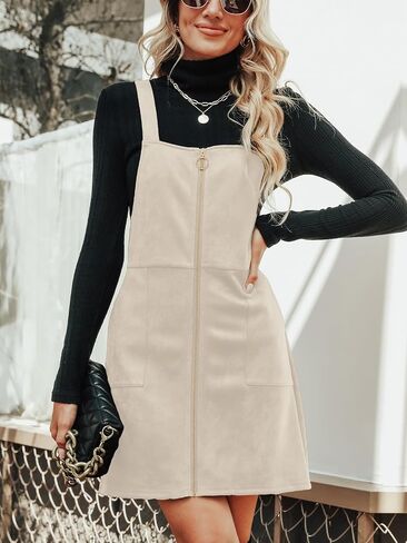 CUPSHE Women's Dress Square Neck Pull-Ring Zipper Front Straps Autumn Warm Casual Faux Suede Mini Dresses in Kuwait