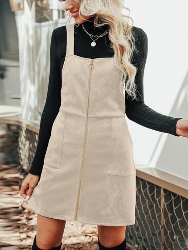 CUPSHE Women's Dress Square Neck Pull-Ring Zipper Front Straps Autumn Warm Casual Faux Suede Mini Dresses in Kuwait