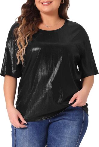 Agnes Orinda Plus Size Top Blouse for Women Metallic Round Neck Short Sleeve T-Shirt Party Blouses Tee Tops in Kuwait
