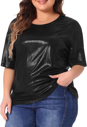 Agnes Orinda Plus Size Top Blouse for Women Metallic Round Neck Short Sleeve T-Shirt Party Blouses Tee Tops in Kuwait