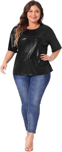 Agnes Orinda Plus Size Top Blouse for Women Metallic Round Neck Short Sleeve T-Shirt Party Blouses Tee Tops in Kuwait