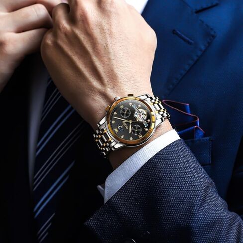 OLEVS Watches for Men Automatic Skeleton 5 Hands Mechanical Luxury Watch Classic Calendar Stainless Steel Waterproof Mens Wrist Watch in Kuwait