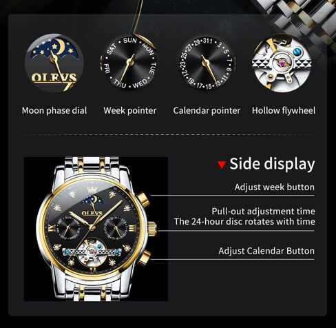 OLEVS Watches for Men Automatic Skeleton 5 Hands Mechanical Luxury Watch Classic Calendar Stainless Steel Waterproof Mens Wrist Watch in Kuwait