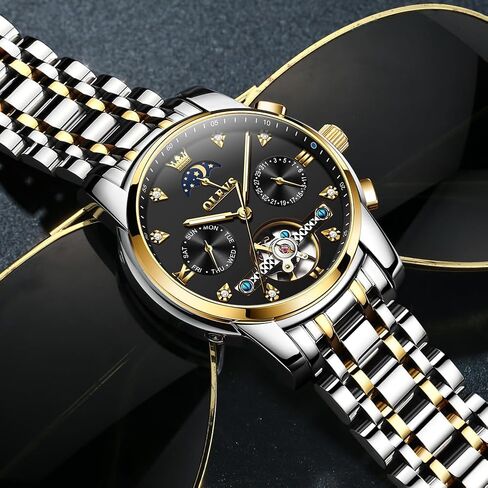 OLEVS Watches for Men Automatic Skeleton 5 Hands Mechanical Luxury Watch Classic Calendar Stainless Steel Waterproof Mens Wrist Watch in Kuwait