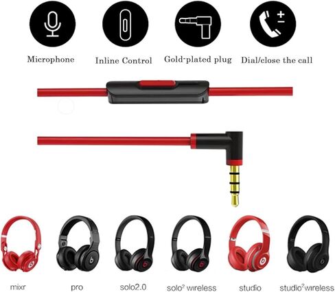 سلك سلك كابل الصوت البديل، متوافق مع Beats Headphones Studio Solo Pro Detox Wireless Mixr Executive Pill مع ميكروفون مدمج وتحكم (رمادي) in Kuwait