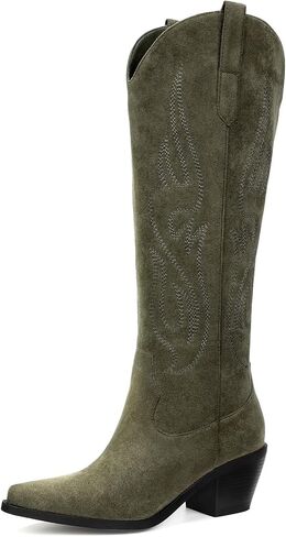 Pasuot Western Cowboy Boots for Women - Knee High Wide Calf Cowgirl Boots with Classic Embroidered, Slip On Pointed Toe Chunky Heel Fashion Retro Classic Pull On Tall Boot for Girls Ladies Fall Winter in Kuwait