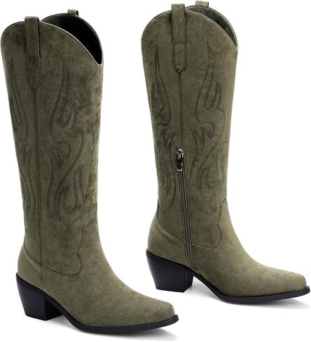 Pasuot Western Cowboy Boots for Women - Knee High Wide Calf Cowgirl Boots with Classic Embroidered, Slip On Pointed Toe Chunky Heel Fashion Retro Classic Pull On Tall Boot for Girls Ladies Fall Winter in Kuwait